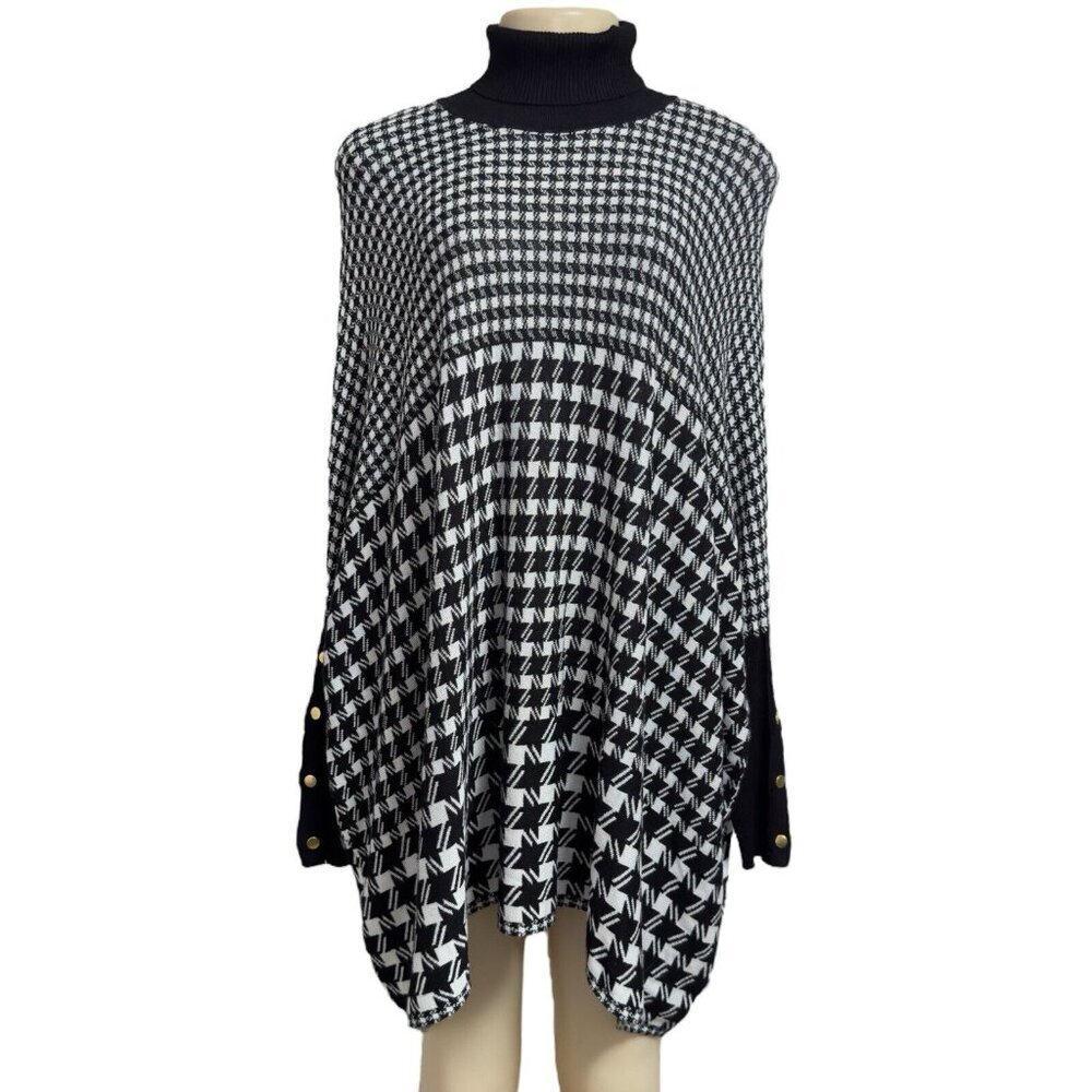 Joseph A Black White Houndstooth Turtleneck Long‎ Sleeve Poncho Copper Buttons
